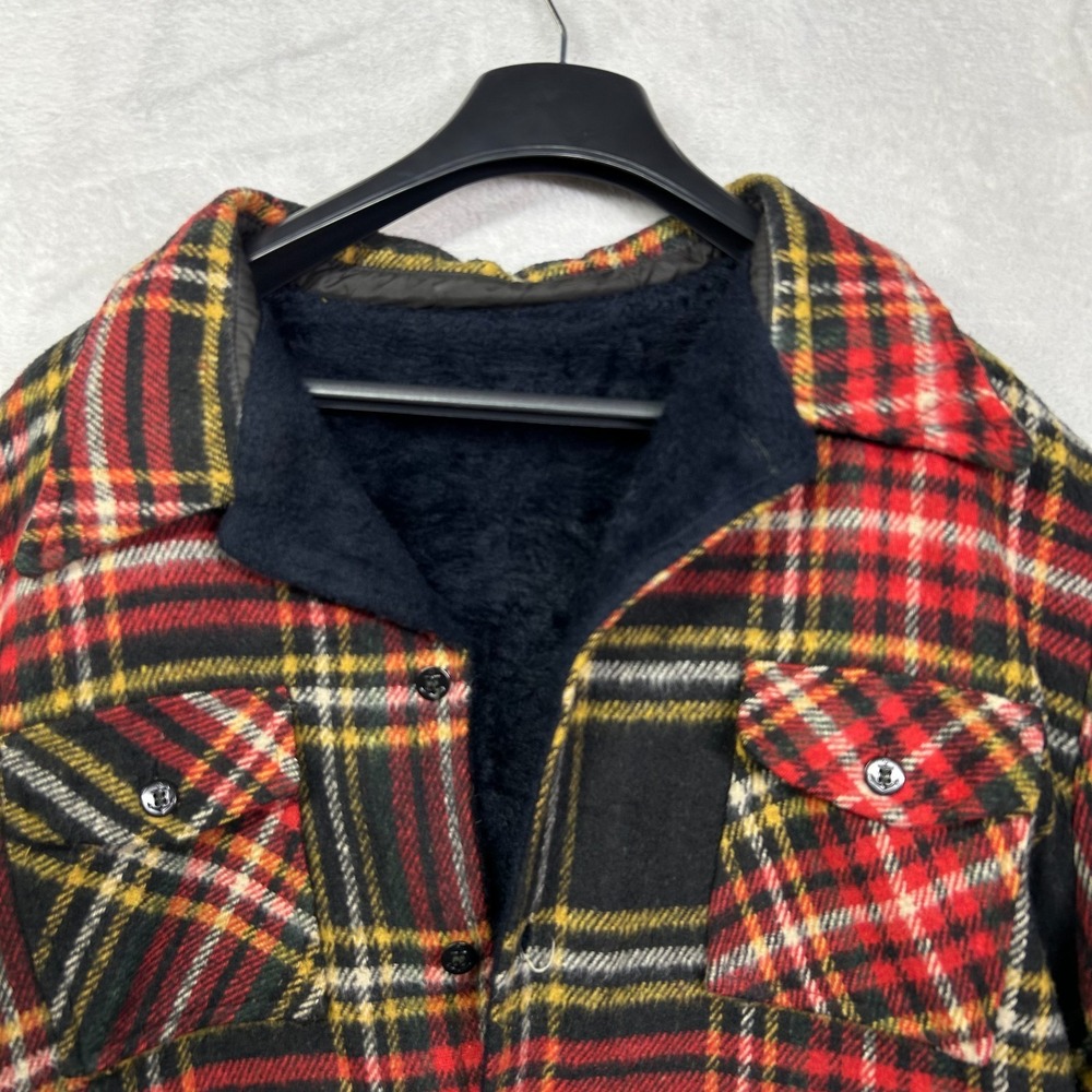 Vintage Men's Shirt Jacket Red Black Plaid Fleece Lined Anchor Button Outdoor - Picture 9 of 11
